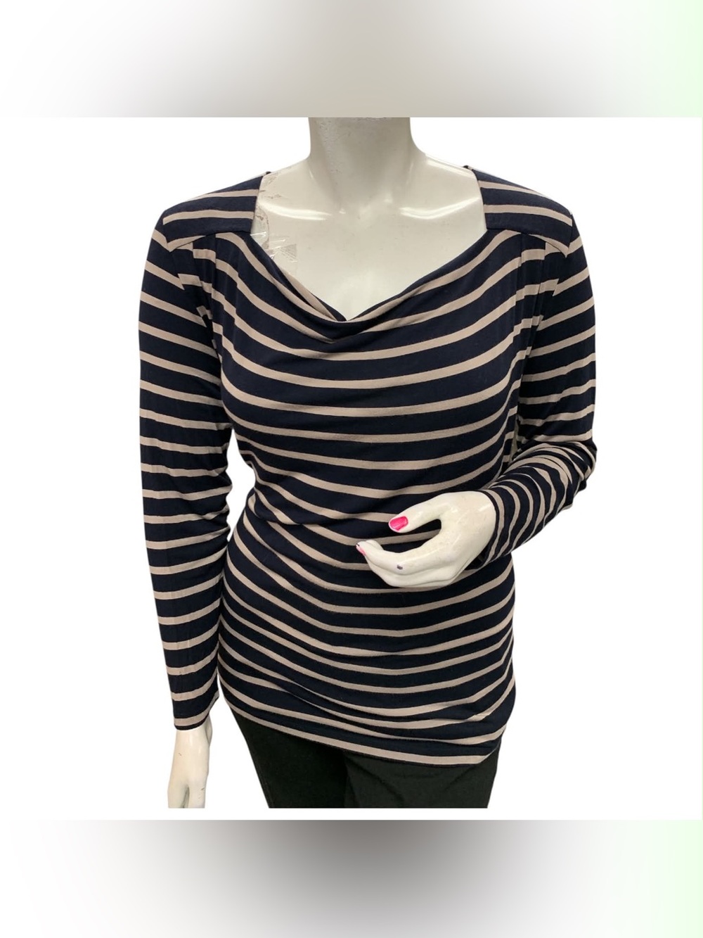 Olsen Striped Cowl Neck Long-Sleeve Top in Navy and Cream Size XL